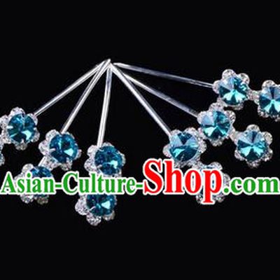 Chinese Ancient Peking Opera Hair Accessories Young Lady Diva Head Ornaments, Traditional Chinese Beijing Opera Hua Tan Blue Crystal Double Beads Hairpins