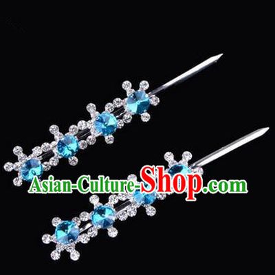 Chinese Ancient Peking Opera Hair Accessories Young Lady Diva Head Ornaments, Traditional Chinese Beijing Opera Hua Tan Blue Crystal Four Beads Hairpins