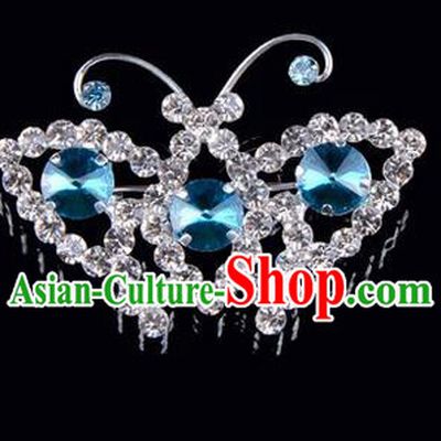 Chinese Ancient Peking Opera Jewelry Accessories Young Lady Diva Butterfly Brooch, Traditional Chinese Beijing Opera Hua Tan Blue Crystal Breastpin