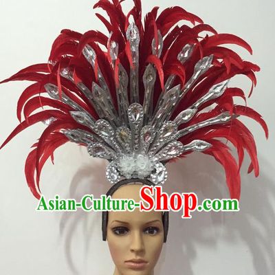 Top Grade Professional Stage Show Halloween Parade Red Feather Extravagant Brazilian Rio Carnival Parade Samba Dance Headpiece for Women
