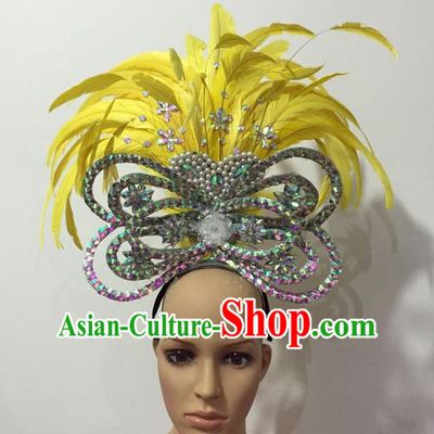 Top Grade Professional Stage Show Halloween Parade Yellow Feather Brazilian Rio Carnival Parade Samba Dance Hair Accessories Headpiece for Women