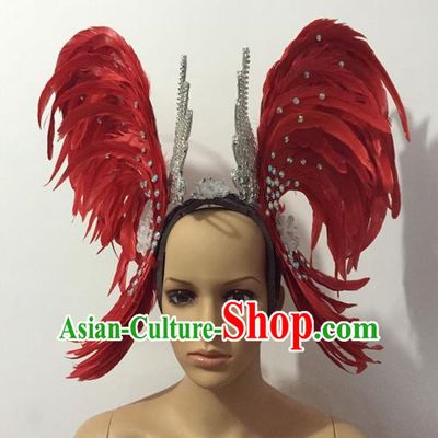 Top Grade Professional Stage Show Halloween Parade Red Feather Brazilian Rio Carnival Parade Samba Dance Exaggerated Hair Accessories Headpiece for Women