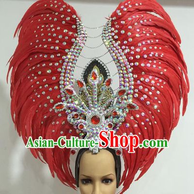 Top Grade Professional Stage Show Halloween Parade Exaggerated Red Feather Hair Accessories, Brazilian Rio Carnival Samba Dance Headwear for Women