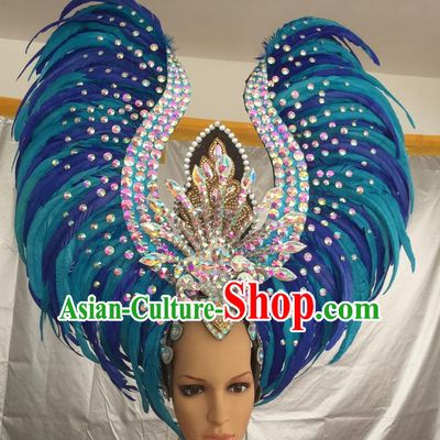 Top Grade Professional Stage Show Halloween Parade Exaggerated Blue Feather Hair Accessories, Brazilian Rio Carnival Samba Dance Headwear for Women