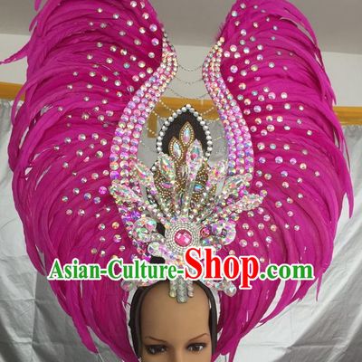 Top Grade Professional Stage Show Halloween Parade Exaggerated Rosy Feather Hair Accessories, Brazilian Rio Carnival Samba Dance Headwear for Women