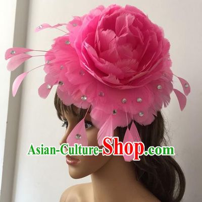 Top Grade Professional Stage Show Halloween Parade Pink Feather Hair Accessories, Brazilian Rio Carnival Samba Dance Headwear for Women
