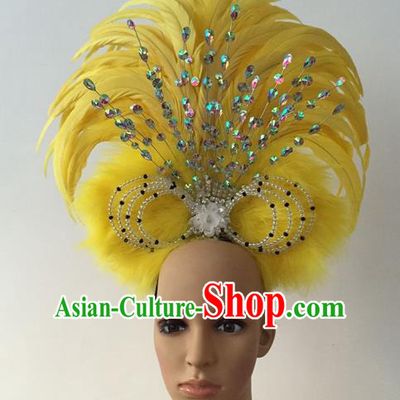 Top Grade Professional Stage Show Halloween Parade Yellow Feather Hair Accessories, Brazilian Rio Carnival Samba Dance Crystal Headwear for Women