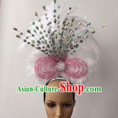 Top Grade Professional Stage Show Halloween Parade White Feather Hair Accessories, Brazilian Rio Carnival Samba Dance Crystal Headwear for Women