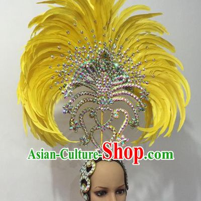 Top Grade Professional Stage Show Halloween Parade Yellow Feather Hair Accessories, Brazilian Rio Carnival Samba Dance Crystal Headwear for Women