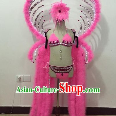 Top Grade Professional Performance Catwalks Bikini Costume and Wings, Traditional Brazilian Rio Carnival Samba Modern Fancywork Pink Feather Swimsuit for Kids