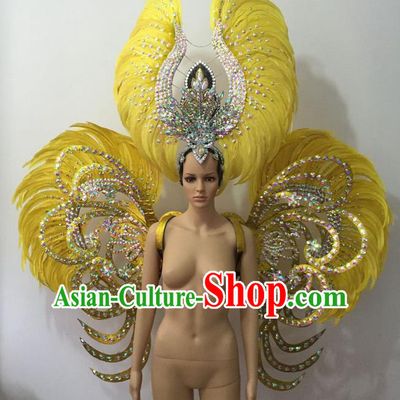 Top Grade Professional Stage Show Halloween Parade Yellow Feather Deluxe Butterfly Wings and Hair Accessories, Brazilian Rio Carnival Samba Dance Modern Fancywork Backplane for Women