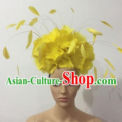 Top Grade Professional Stage Show Halloween Parade Yellow Feather Deluxe Hair Accessories, Brazilian Rio Carnival Samba Dance Modern Fancywork Headpiece for Women