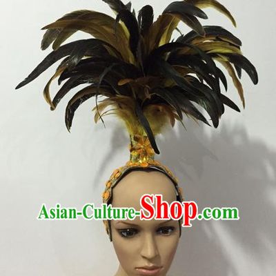 Top Grade Professional Stage Show Halloween Parade Yellow Feather Headwear, Brazilian Rio Carnival Samba Dance Modern Fancywork Hair Accessories Headpiece for Women