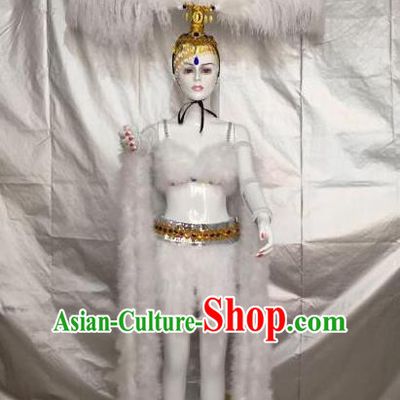 Top Grade Professional Performance Catwalks Bikini Costume and Headpiece, Traditional Brazilian Rio Carnival Samba Modern Fancywork White Feather Swimsuit Clothing for Kids