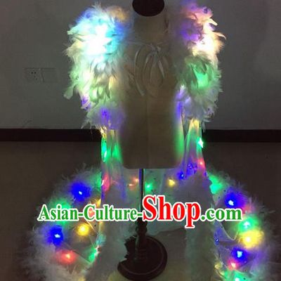 Top Grade Professional Performance Catwalks Bikini Led Light Costume, Traditional Brazilian Rio Carnival Samba Modern Fancywork White Feather Swimsuit Clothing for Kids
