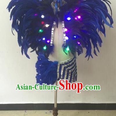 Top Grade Professional Performance Catwalks Bikini Costume, Traditional Brazilian Rio Carnival Samba Modern Fancywork Blue Feather Swimsuit Led Light Clothing for Kids