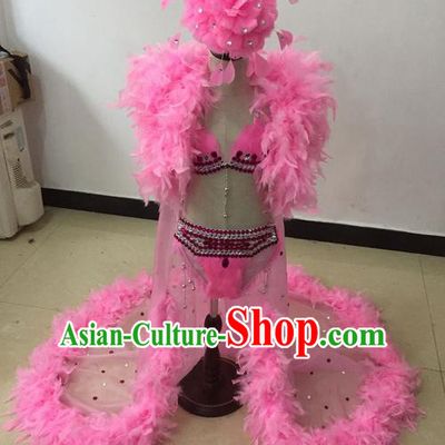 Top Grade Professional Performance Catwalks Bikini Costume and Headwear, Traditional Brazilian Rio Carnival Samba Modern Fancywork Pink Feather Swimsuit Led Light Clothing for Kids