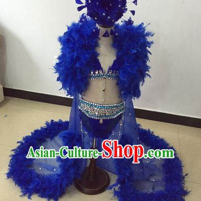 Top Grade Professional Performance Catwalks Bikini Costume and Headwear, Traditional Brazilian Rio Carnival Samba Modern Fancywork Blue Feather Swimsuit Led Light Clothing for Kids