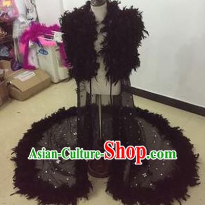 Top Grade Professional Performance Catwalks Bikini Costume, Traditional Brazilian Rio Carnival Samba Modern Fancywork Black Feather Swimsuit Led Light Clothing for Kids