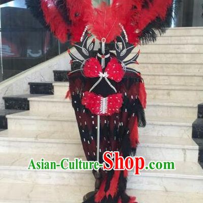 Top Grade Professional Performance Catwalks Bikini Costume and Headwear, Traditional Brazilian Rio Carnival Samba Modern Fancywork Red Feather Swimsuit Clothing for Kids