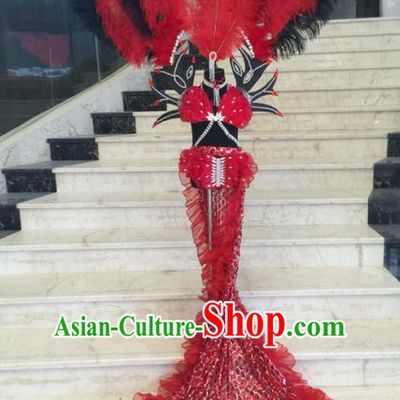 Top Grade Professional Performance Catwalks Bikini Costume and Headwear, Traditional Brazilian Rio Carnival Samba Modern Fancywork Red Feather Swimsuit Clothing for Kids