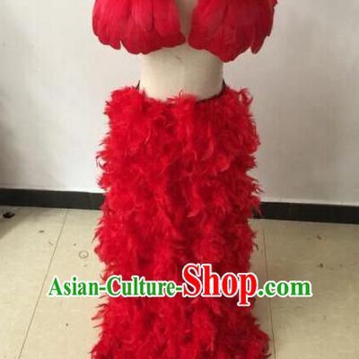 Top Grade Professional Performance Catwalks Bikini Costume, Traditional Brazilian Rio Carnival Samba Modern Fancywork Red Feather Swimsuit for Kids