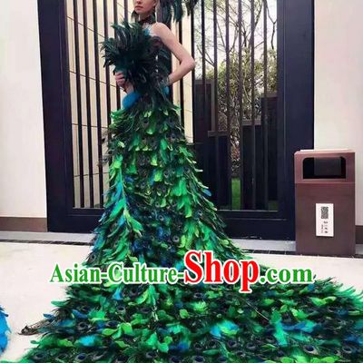 Top Grade Professional Performance Catwalks Bikini Costume and Headpiece, Traditional Brazilian Rio Carnival Samba Modern Fancywork Peacock Feather Trailing Swimsuit for Women