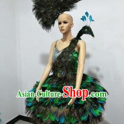 Top Grade Professional Performance Catwalks Bikini Costume and Headpiece, Traditional Brazilian Rio Carnival Samba Modern Fancywork Peacock Green Feather Swimsuit for Women