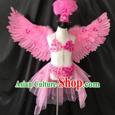 Top Grade Professional Performance Catwalks Bikini Costume and Headpiece, Traditional Brazilian Rio Carnival Samba Modern Fancywork Pink Feather Swimsuit for Women
