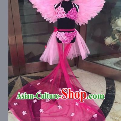 Top Grade Professional Performance Catwalks Bikini Costume and Headpiece, Traditional Brazilian Rio Carnival Samba Modern Fancywork Rose Feather Trailing Swimsuit for Kids