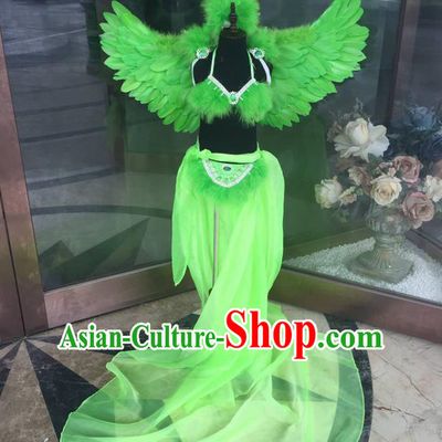 Top Grade Professional Performance Catwalks Bikini Costume and Headpiece, Traditional Brazilian Rio Carnival Samba Modern Fancywork Green Feather Trailing Swimsuit for Kids