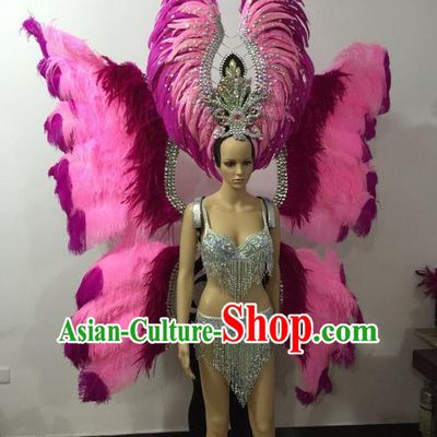 Top Grade Professional Performance Catwalks Bikini Butterfly Wings Costume and Headpiece, Traditional Brazilian Rio Carnival Samba Modern Fancywork Pink Feather Swimsuit for Women