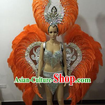 Top Grade Professional Performance Catwalks Bikini Wings Costume and Headpiece, Traditional Brazilian Rio Carnival Samba Modern Fancywork Orange Feather Swimsuit for Women