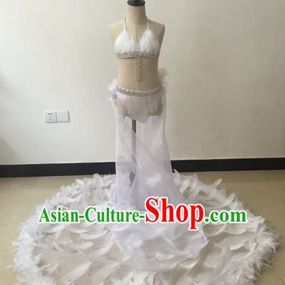 Top Grade Professional Performance Catwalks Bikini Costume, Traditional Brazilian Rio Carnival Samba Modern Fancywork White Swimsuit for Kids