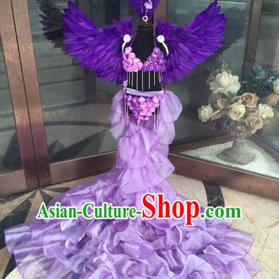 Top Grade Professional Performance Catwalks Bikini Costume and Headpiece, Traditional Brazilian Rio Carnival Samba Modern Fancywork Purple Feather Trailing Swimsuit for Kids