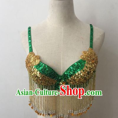 Top Grade Professional Performance Catwalks Bikini Clothing, Traditional Brazilian Rio Carnival Samba Modern Fancywork Belly Dance Green Brassiere for Women