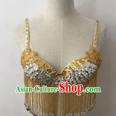 Top Grade Professional Performance Catwalks Bikini Clothing, Traditional Brazilian Rio Carnival Samba Modern Fancywork Belly Dance Golden Brassiere for Women