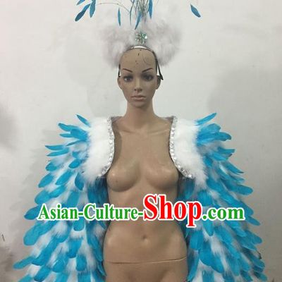 Top Grade Professional Performance Catwalks Clothing, Traditional Brazilian Rio Carnival Samba Modern Fancywork Blue Feather Costume for Women