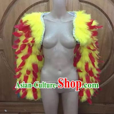 Top Grade Professional Performance Catwalks Clothing, Traditional Brazilian Rio Carnival Samba Modern Fancywork Yellow Feather Costume for Women