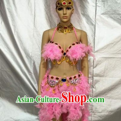 Top Grade Professional Performance Catwalks Bikini Clothing, Traditional Brazilian Rio Carnival Samba Modern Fancywork Pink Feather Swimsuit Costume for Kids
