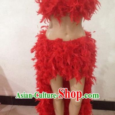 Top Grade Professional Performance Catwalks Bikini Clothing, Traditional Brazilian Rio Carnival Samba Modern Fancywork Red Feather Swimsuit Costume for Kids