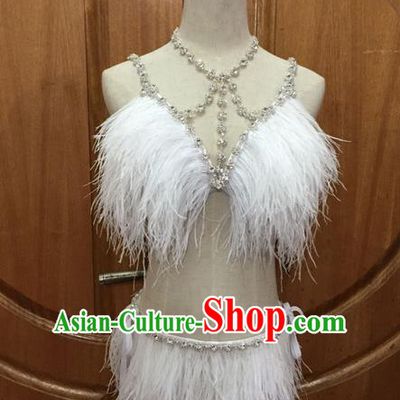 Top Grade Professional Performance Catwalks Bikini Clothing, Traditional Brazilian Rio Carnival Samba Modern Fancywork White Swimsuit Costume for Women