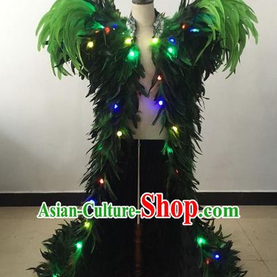 Top Grade Professional Performance Catwalks Led Light Clothing, Traditional Brazilian Rio Carnival Samba Modern Fancywork Green Feather Costume for Kids