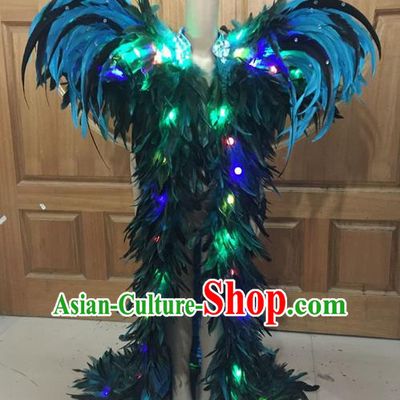 Top Grade Professional Performance Catwalks Led Light Clothing, Traditional Brazilian Rio Carnival Samba Modern Fancywork Blue Feather Costume for Kids