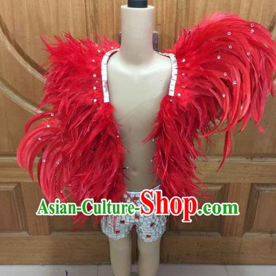 Top Grade Professional Performance Catwalks Led Light Clothing, Traditional Brazilian Rio Carnival Samba Modern Fancywork Red Feather Costume for Kids