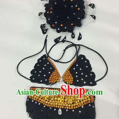 Top Grade Professional Performance Catwalks Bikini Clothing, Traditional Brazilian Rio Carnival Samba Modern Fancywork Black Swimsuit Costume for Kids