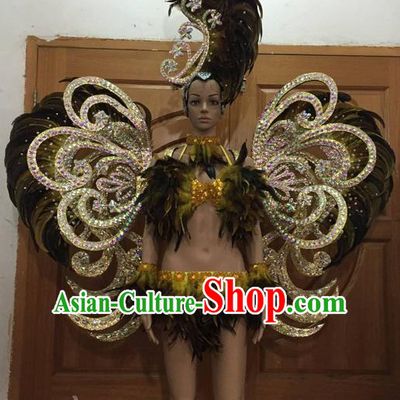 Top Grade Professional Performance Catwalks Bikini Clothing and Deluxe Wings Headpiece, Traditional Brazilian Rio Carnival Samba Modern Fancywork Swimsuit Costume for Women