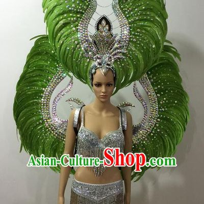 Top Grade Professional Performance Catwalks Green Feather Bikini and Deluxe Wings Headpiece, Traditional Brazilian Rio Carnival Samba Modern Fancywork Swimsuit Costume for Women