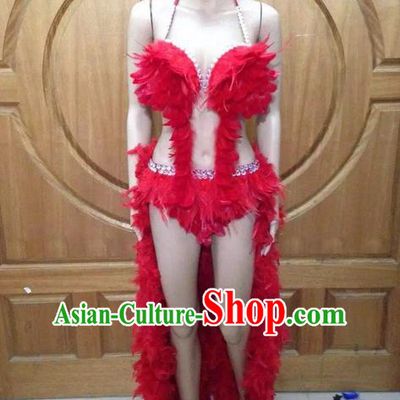 Top Grade Professional Performance Catwalks Red Feather Bikini Costume, Traditional Brazilian Rio Carnival Samba Dance Modern Fancywork Swimsuit Costume for Women