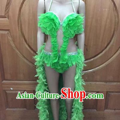 Top Grade Professional Performance Catwalks Green Feather Bikini Costume, Traditional Brazilian Rio Carnival Samba Dance Modern Fancywork Swimsuit Costume for Women